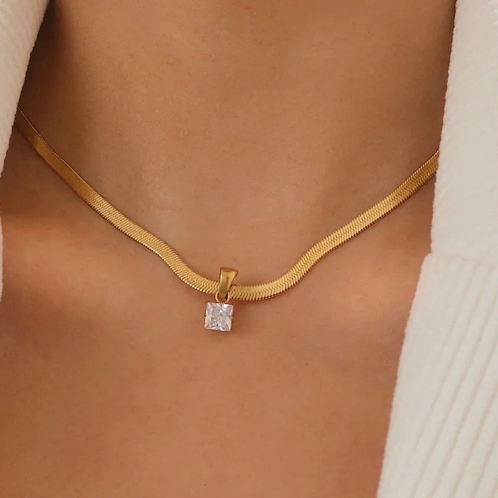 #NEW 18K Gold Plated 2CT Princess Cut Diamond Flat Herringbone Necklace